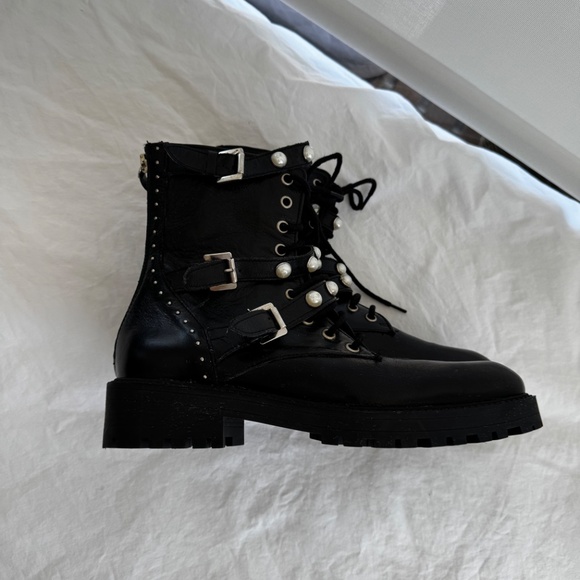 Zara Pearl Embellished Authentic Leather Black Biker Ankle Boots - Picture 5 of 13